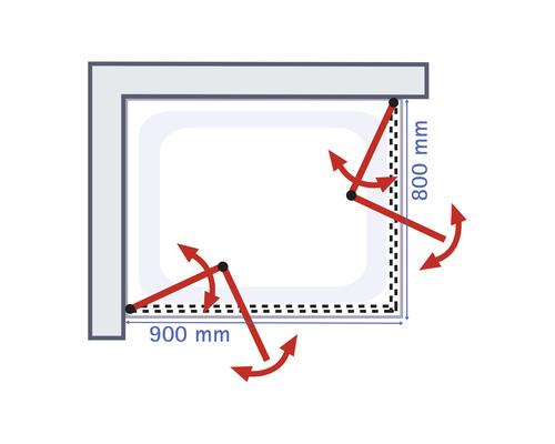 Abbildung einer Duschkabine mit den Maßen 900 mal 800 Millimeter und Schwenkbereich