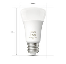 Philips Hue Leuchtmittel mit den Massen 110 mm Höhe und 60 mm Durchmesser.