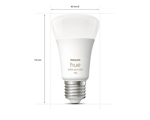 Philips Hue Leuchtmittel mit den Massen 110 mm Höhe und 60 mm Durchmesser.
