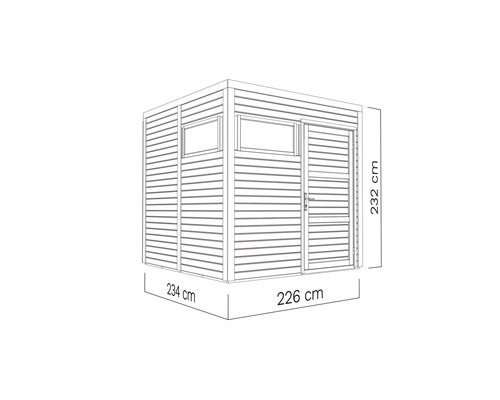 Darstellung eines Gerätehauses mit den Maßen 234 mal 226 mal 232 Zentimeter.