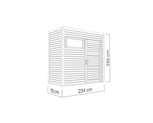 Abbildung eines Gerätehauses mit den Maßen 115 cm x 234 cm x 232 cm.