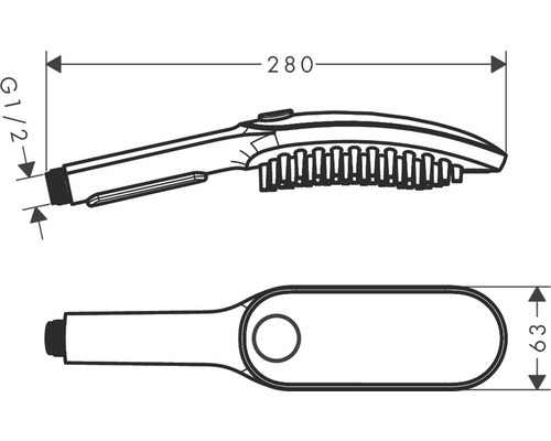 Technische Zeichnung einer Handbrause mit den Maßen 280 Millimeter und 63 Millimeter