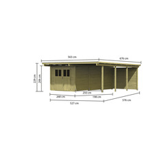 Abmessungen eines Holzhauses mit Carport und Geräteschuppen