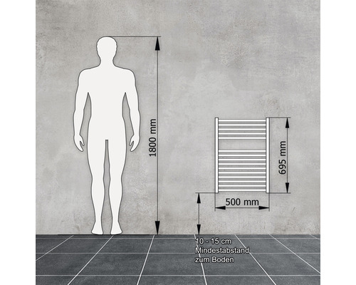 Maßzeichnung eines Handtuchheizkörpers mit Maßangaben und einer menschlichen Silhouette zum Größenvergleich