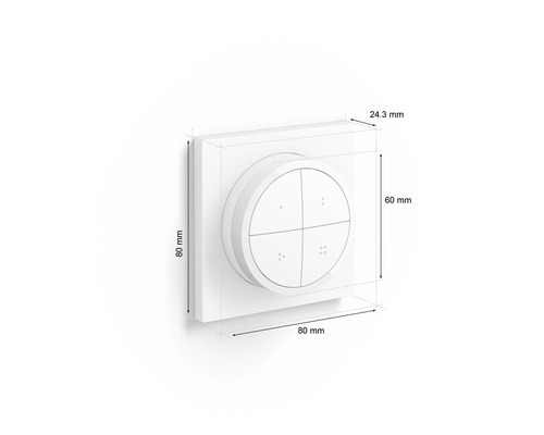 Abmessungen eines runden, weißen Smart Home Schalters