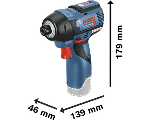 Bosch GDR 12V-110 Akku-Schlagschrauber mit den Maßen 179 mm Höhe, 139 mm Länge und 46 mm Breite
