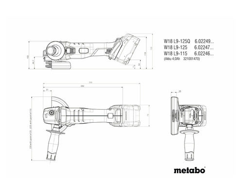 Technische Zeichnung eines Metabo Winkelschleifers mit Maßangaben