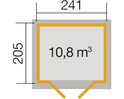Abmessungen: 241 mal 205 Zentimeter, Volumen: 10,8 Kubikmeter