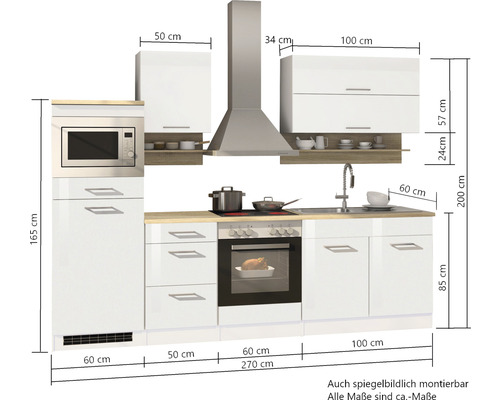 Küchenzeile mit Elektrogeräten und Maßangaben