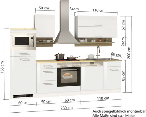 Küchenzeile mit Mikrowelle, Kochfeld, Spüle, Dunstabzugshaube und Maßen