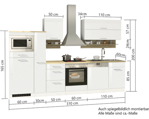 Küchenzeile mit Hängeschränken, Spüle, Herd und Mikrowelle sowie Maßangaben