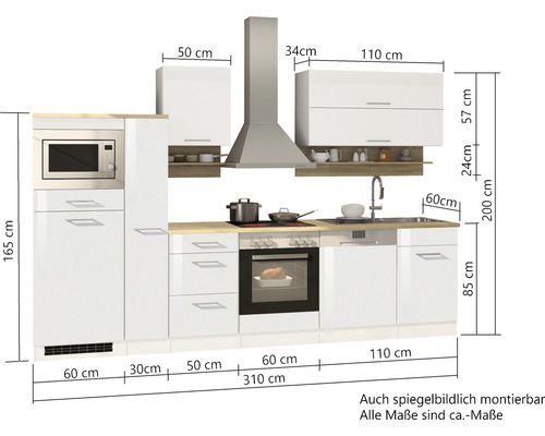 Komplette Küchenzeile mit Geräten, Spüle, Herd, Dunstabzugshaube, Mikrowelle und Maßen.