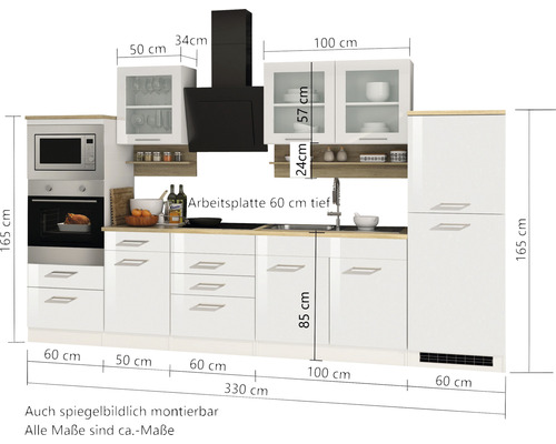 Komplette Küche mit Elektrogeräten, weißen Fronten und Maßen.