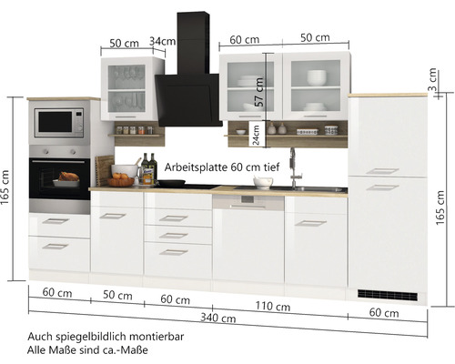 Komplette Küchenzeile mit Elektrogeräten und Maßangaben