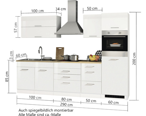 Komplette Küche mit Abmessungen, bestehend aus Spüle, Kochfeld, Dunstabzugshaube, Ober- und Unterschränken