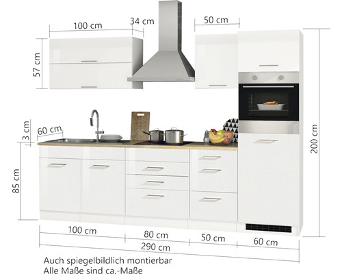 Komplette Küche mit Spüle, Kochfeld, Dunstabzugshaube und Backofen mit Maßangaben