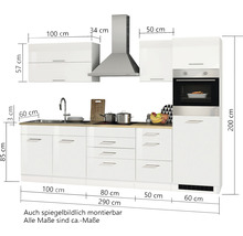 Komplette Küche mit Hängeschränken, Dunstabzugshaube, Spüle, Kochfeld und Backofen mit den Maßangaben