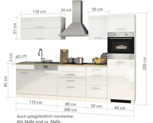 Komplette Küchenzeile mit Spüle, Geschirrspüler, Kochfeld, Dunstabzugshaube, Backofen und Oberschränken mit Maßangaben