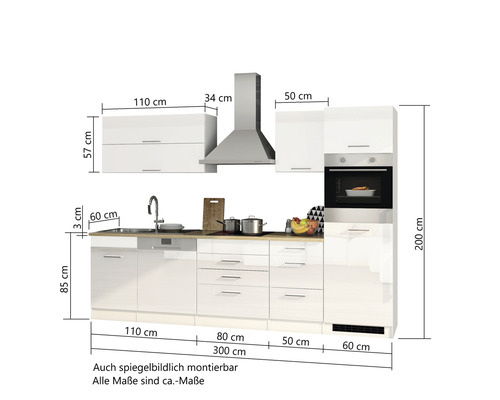 Küchenzeile mit Spüle, Herd, Dunstabzugshaube und Maßen