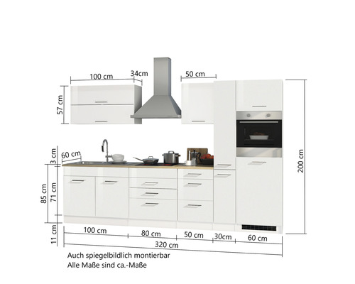 Küchenzeile mit Spüle, Herd und Dunstabzugshaube sowie Maßangaben