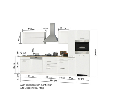 Küchenzeile mit Spüle, Dunstabzugshaube und Einbaubackofen mit Maßangaben