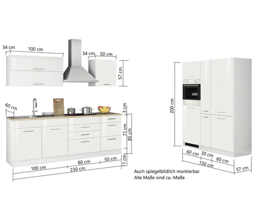 Küchenzeile mit Maßen und verschiedenen Elementen wie Spüle, Kochfeld, Dunstabzugshaube und Schränken