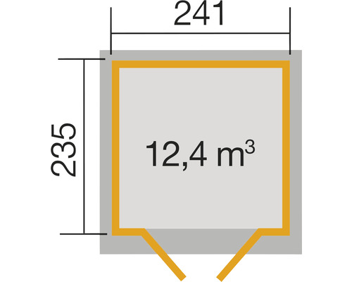 Grundrisszeichnung eines Gartenhauses mit den Maßen 241 mal 235 Zentimeter und einem Volumen von 12,4 Kubikmetern