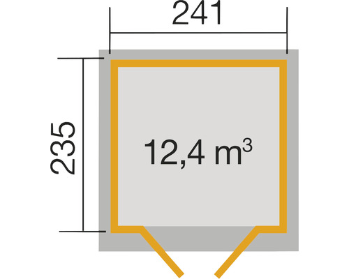 Grundriss mit den Maßen 241 mal 235 und dem Volumen 12,4 Kubikmeter