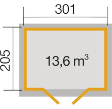 Grundrisszeichnung mit Abmessungen 301 mal 205 und Volumen 13,6 Kubikmeter
