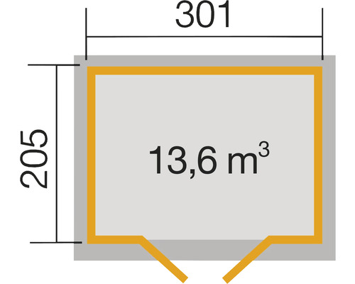 Grundrisszeichnung mit Abmessungen 301 mal 205 und Volumen 13,6 Kubikmeter