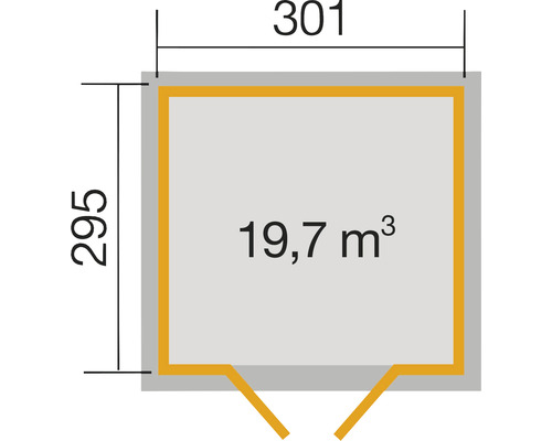 Grundriss mit Größenangaben: 295 x 301 Zentimeter, Rauminhalt 19,7 Kubikmeter