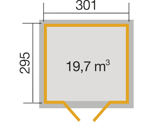 Abbildung mit Maßangaben: 295 x 301 Zentimeter und 19,7 Kubikmeter Rauminhalt