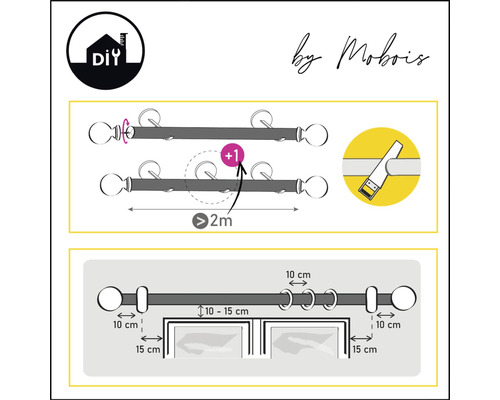 Illustration einer Gardinenstange mit Montageanleitung und Maßangaben.