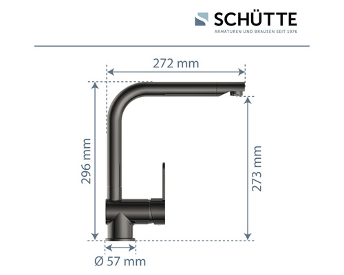 Technische Zeichnung einer Küchenarmatur mit den Maßen 296 mm Höhe, 272 mm Ausladung, 273 mm Höhe Auslauf und 57 mm Durchmesser