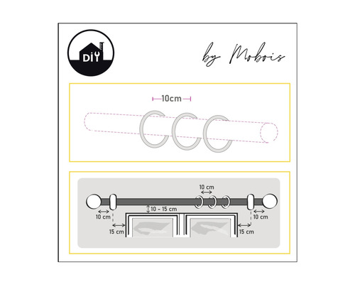 Schematische Darstellung einer Gardinenstange mit Ringen und Abmessungen