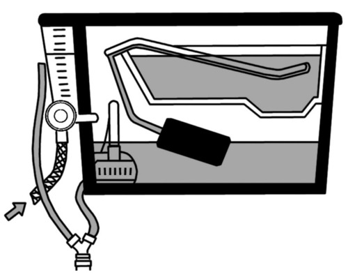 Schematische Darstellung eines Spülkastens mit Schwimmer, Ventil und Wasserzulauf