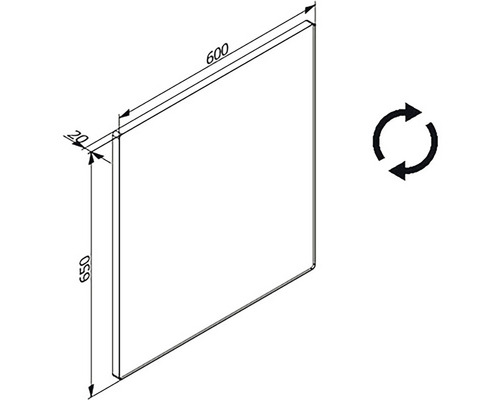 Technische Zeichnung einer Platte mit den Maßen 600 x 650 x 20 mm