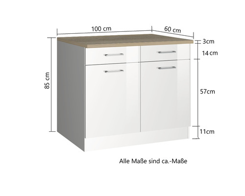 Unterschrank mit zwei Schubladen, zwei Türen und den Maßen 100 x 60 x 85 cm