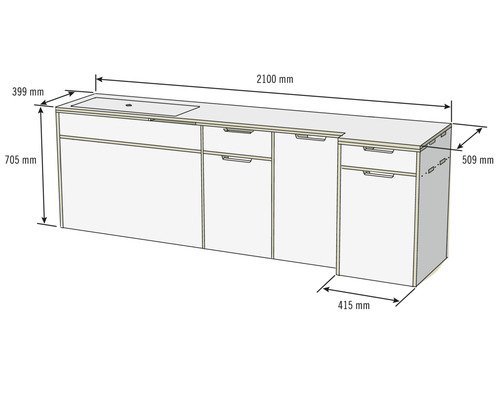 Zeichnung einer Küchenzeile mit Spüle und Schubladen mit den Maßen 2100 mm Länge, 399 mm Tiefe und 705 mm Höhe