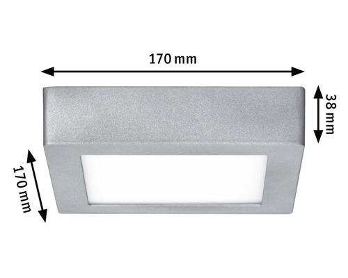 Quadratische Deckenleuchte mit den Maßen 170 x 170 x 38 Millimeter.