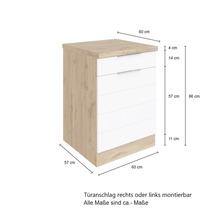 Kommode mit fünf Schubladen und Maßangaben