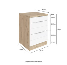 Kommode mit fünf Schubladen und Maßangaben