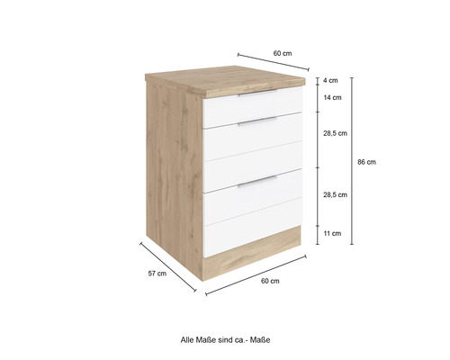 Kommode mit fünf Schubladen und Maßangaben