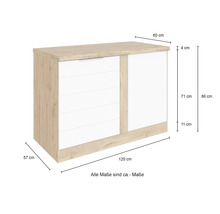 Kommode mit Schubladen und Tür, Abmessungen sind dargestellt