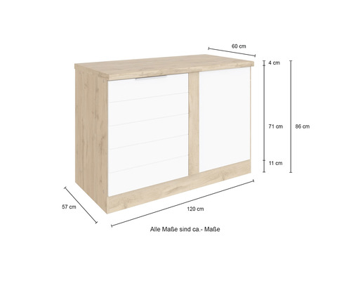 Kommode mit Schubladen und Tür, Abmessungen sind dargestellt