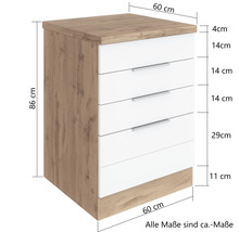 Kommode mit fünf Schubladen und Maßangaben