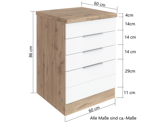 Kommode mit fünf Schubladen und Maßangaben