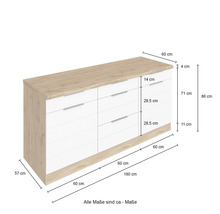 Kommode mit sechs Schubladen und Maßangaben