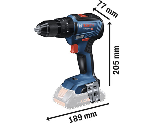 Abbildung eines Akku-Bohrschraubers mit den Maßangaben 77 mm, 189 mm und 205 mm.