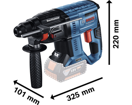 Bosch Bohrhammer mit den Maßen 220 mm Höhe, 101 mm Breite und 325 mm Länge.